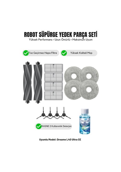 Dreame L40 Ultra Ce İle Uyumlu 2 Ana Fırça 4 Yan Fırça 4 Filtre 4 Mop 1 Deterjan 4.0