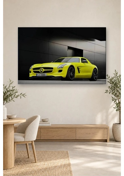 Fida Siyah Duvar Önünde Neon Sarı Mercedes Sls Canvas Tablo