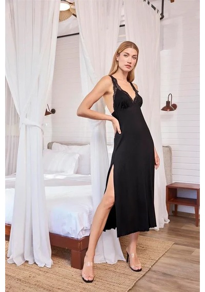 Ang Butik Kadın Dantelli Ve Dekolteli Yırtmaçlı Gecelik Siyah