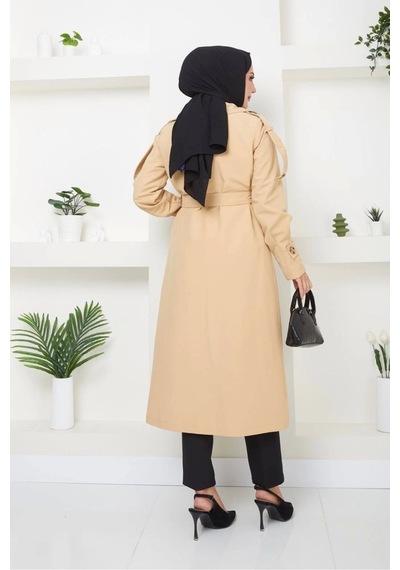 Kruvaze Yaka Bondit Kumaş Trençkot / M0106 - Camel Metalik Camel