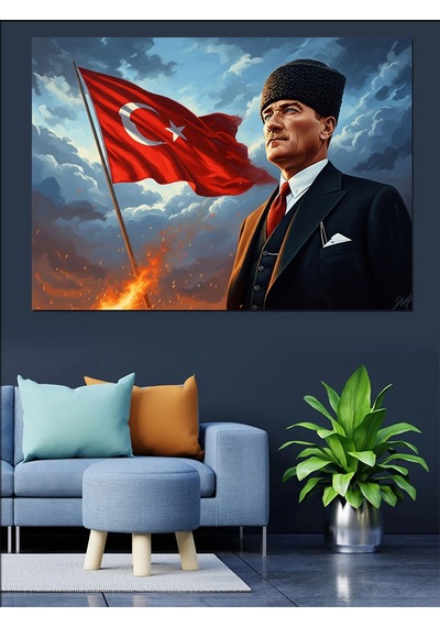 Türk Bayrağı Ve Atatürk Portresi Dekoratif Kanvas - Mdf Ahşap Tablo
