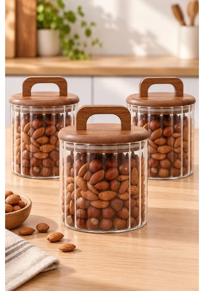 Atbyhome 3'lü Akasya Kulplu Çizgili Cam Erzak Kavanozu 650 Ml - Vakumlu Baharat Ve Kuruyemiş Saklama Kabı Seti Ahşap - Şeffaf