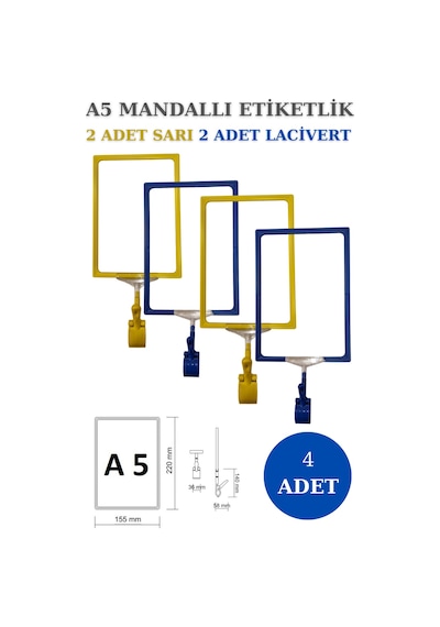 4adet Sarılacivert A5 Mandallı Sepet Etiketi Çerçeveli Etiketlik Sarı Lacivert