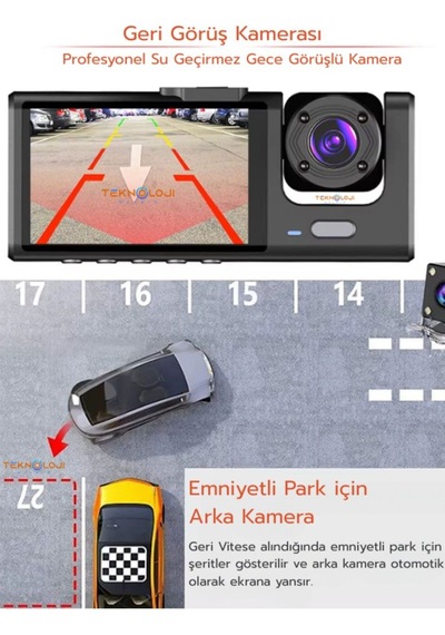 Araç Içi 1080p Full Hd Wifi Kamera Ön Arka Ve Iç Kayıt 3 Kamera Gece Görüşlü Geniş Açı