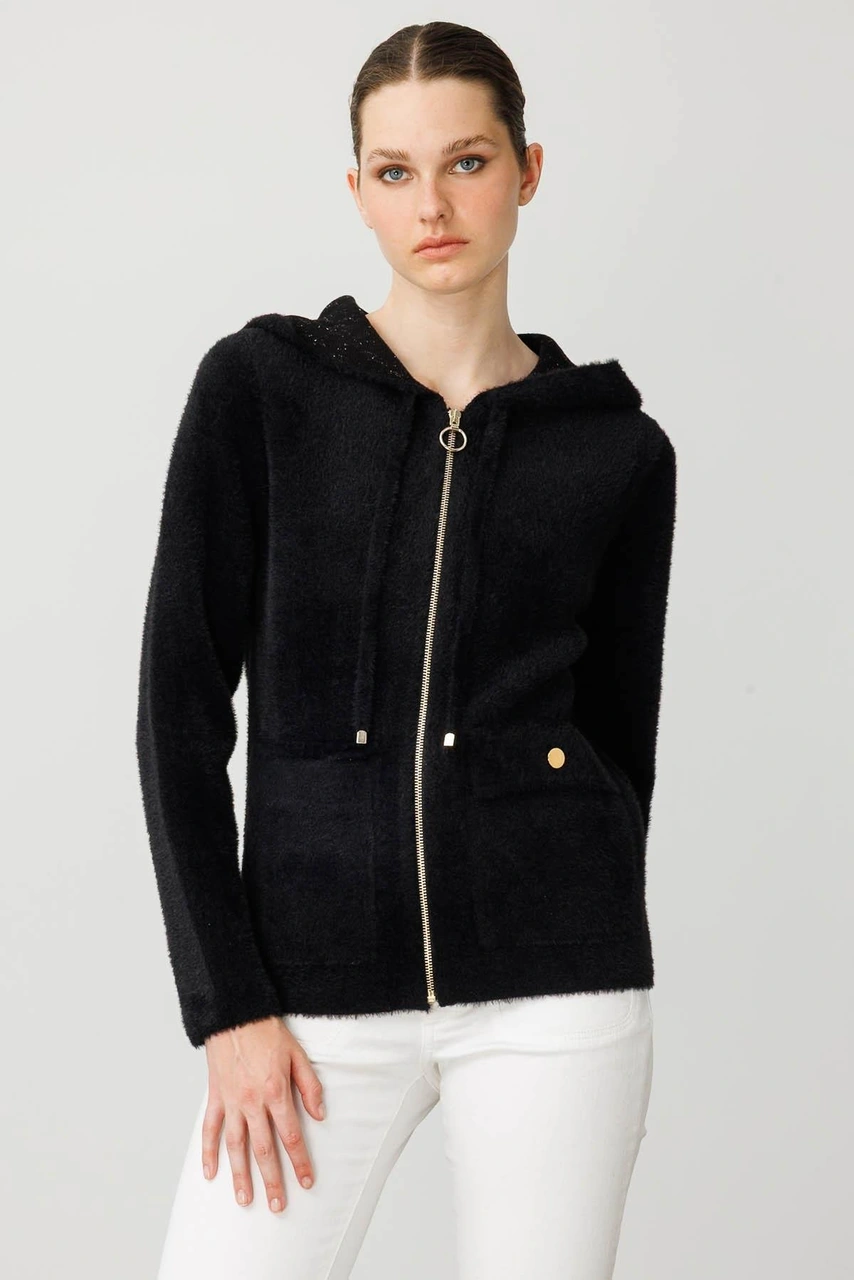 Kadın Kapüşonlu Fermuarlı Kısa Triko Sweatshirt Siyah Siyah