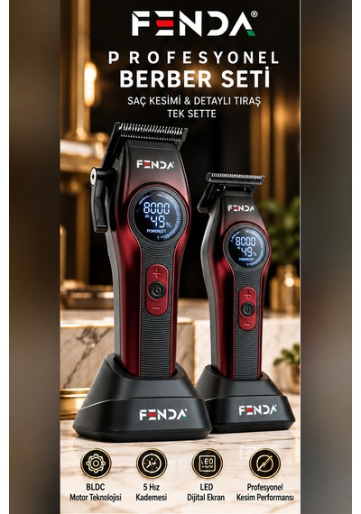 Fenda Profesyonel Şarjlı Bldc Motor 8000 Rpm 2'li Tıraş Makinesi Seti Kırmızı