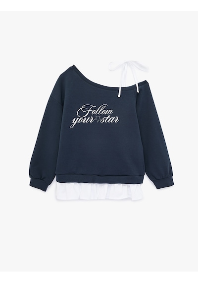 Koton Fiyonk Detaylı Pamuklu Uzun Kollu Asimetrik Yaka Baskılı Sweatshirt Lacivert 6sal10379ık