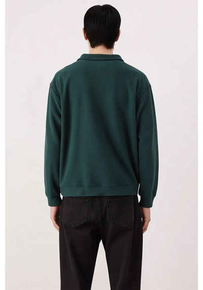 Benerly Erkek Polo Yaka Standart Kol Oversize Kalın Çıtçıtlı Sweatshirt F Yeşil