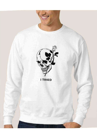 Skull Lockscreen I Tred Baskılı Beyaz Erkek Örme Sweatshirt