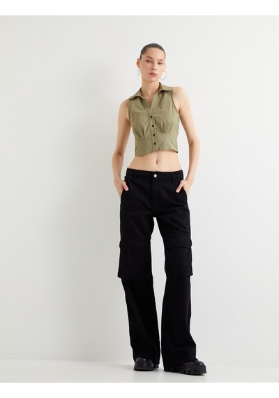Koton Kolsuz Crop Gömlek Slim Fit Korse Detaylı Yeşil 4sal60033ıw Fıstık Yeşili
