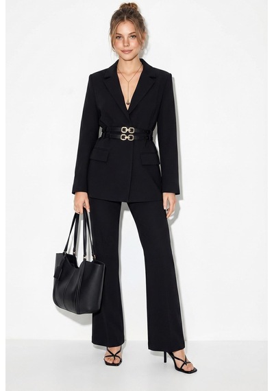 Shade Kadın Astarlı Çift Kemer Detaylı Klasik Blazer Ceket 8151 60286140 - Siyah