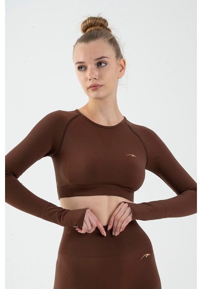 Maraton Active Slimfit Kadın Bisiklet Yaka Uzun Kol Training Sepya Crop Top 816005 Kahverengi
