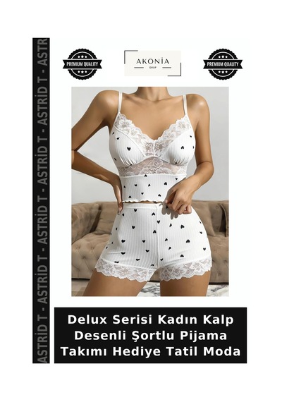 Astrid T Delux Serisi Kadın Kalp Desenli Şortlu Pijama Takımı Hediye Tatil Moda Beyaz