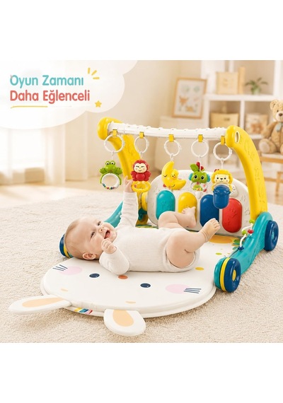 Piyanolu 2'si 1 Arada Bebek Yürüteci Ve Tavşan Desenli Mavi Oyun Halısı, Müzikli Aktivite Oyuncağı Bıb-6015