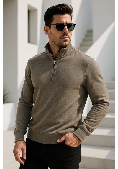 Rich Erkek Bej Yarım Fermuarlı Sweatshirt Bej