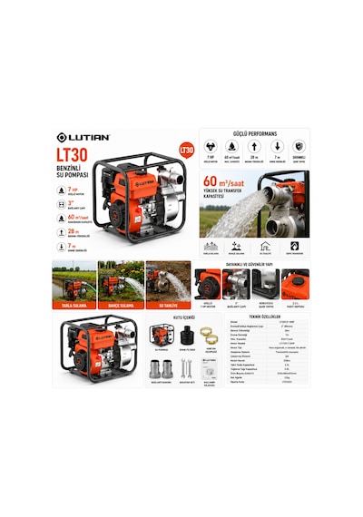Lutian Lt30 Benzinli Su Motoru 3 İnç 7 Hp Su Pompası 60 Ton/saat