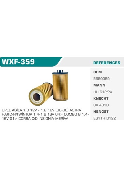 WINKEL WXF-359 Yağ Filtresi Astra G H J Vectra C 06- Insignia 08- Corsa C D E Corsa D Corsa E A Zafira B 04- Yağ Filtresi 37877988