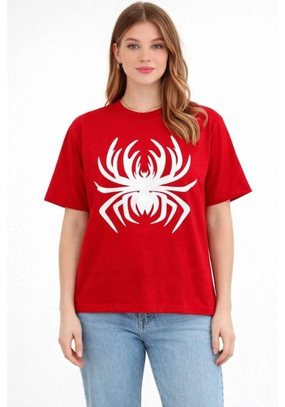 Kadın Örümcek Baskılı Tişört Kısa Kollu Bisiklet Yaka T-shirt - Kırmızı