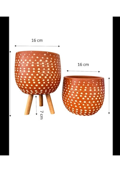 Bitki Tasarımı Nokta Desenli Terakota Saksı & Saksılık Dekoratif Salon Çiçekliği Ayaksız-3 Ayaklı 15 Cm