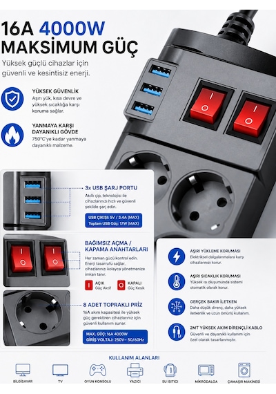 Ftr-08 4000w 16a Akım Korumalı 2 Anahtarlı 8'li Priz, 3 Usb Portl
