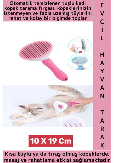 Evcil Hayvan Kendinden Tuşlu Otomatik Temizlenen Masaj Etkili Kedi Köpek Tüy Toplama Tarağı Pembe