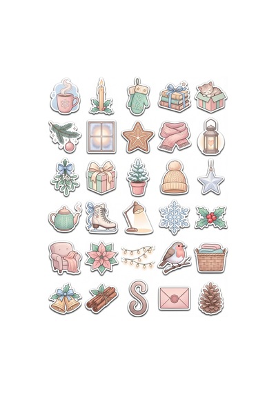 30 Adet Pastel Renkli Kış Temalı Sticker Seti - Planner Defter Laptop İçin Estetik Paket Çok Renkli