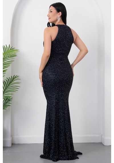 Kalopya Halter Yaka Yırtmaçlı Boncuklu Elbise 41099 Lacivert