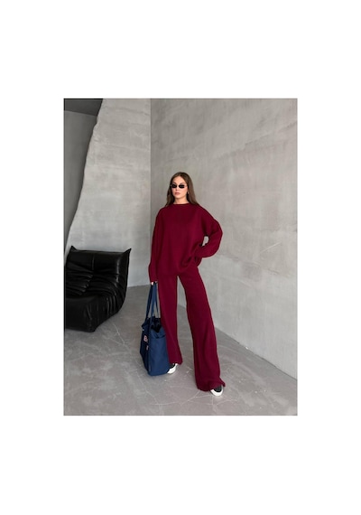 De Pose Oversize Kesim Sade Kadın Triko Takım Bordo