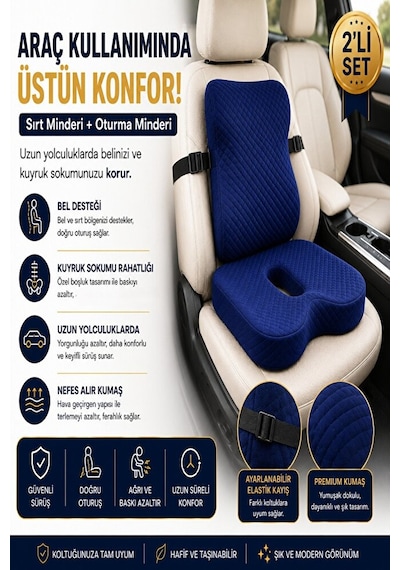 Ortopedik Sırt Ve Oturma Minderi Seti Bel, Sırt Ve Kuyruk Sokumu İçin Ergonomik Visco Destek Lacivert