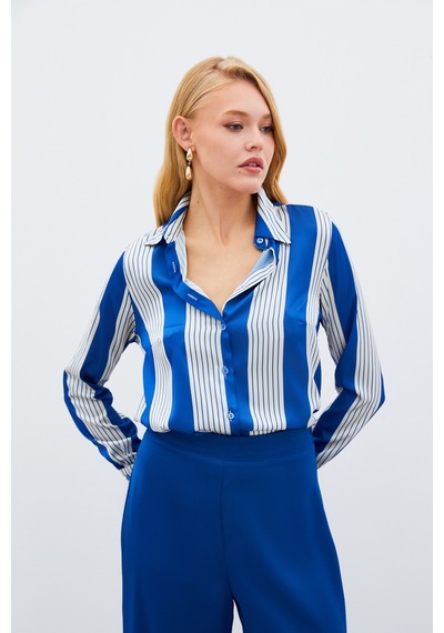 Sateen Çizgi Desenli Gömlek - Saks Mavisi-134967 Saks Mavisi Saks