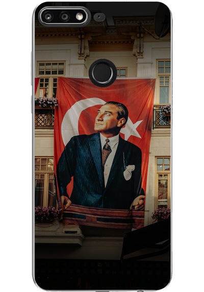 Huawei Y7 2018 - Honor 7c Uyumlu Dev Bayrak Detaylı Atatürk Baskılı Silikon Kılıf Renkli