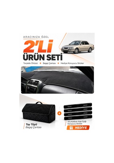 E-biz Mazda 626 1997-2002 Uyumlu Torpido Örtüsü + Tay Tüyü Bagaj Çantası Seti - Siyah - Ma011