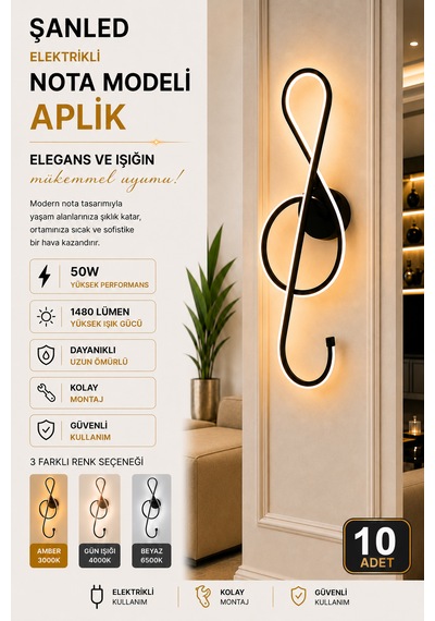 Dekoratif 50w Nota Modeli İç Mekan Siyah Kasa 3 Renkli Işık Elektrikli Duvar Aplik 10 Adet