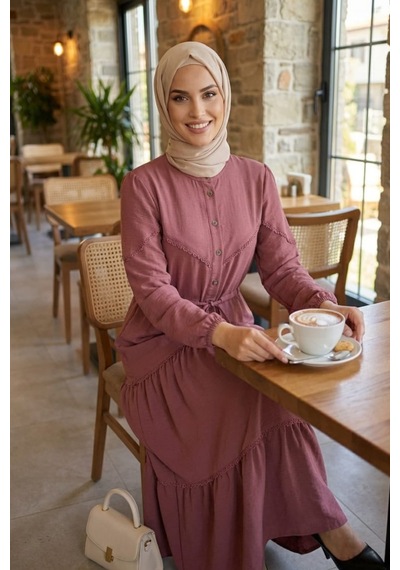 Hb Harma Time Butik Kadın Dantel Detaylı Bel Bağcıklı Pembe Ayrobin Elbise Pembe Pembe