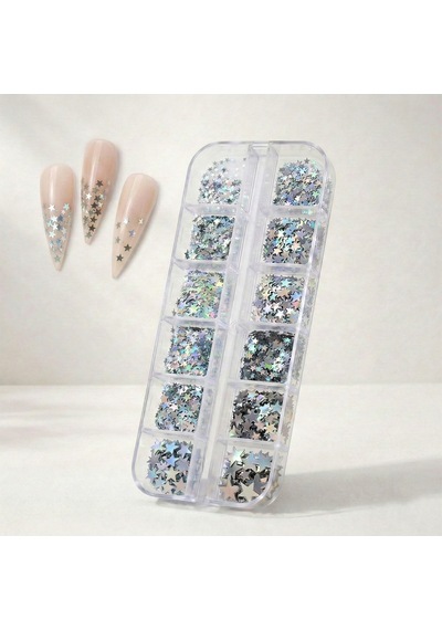 12li Holografik Gümüş Renk Yıldız Tırnak Süsleme Yıldız Dizayn Folyo Pulları Nail Art Wn-114