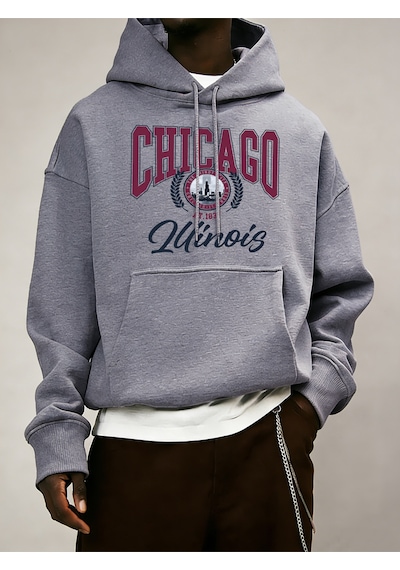 Startmore Startmorechicago Luinois At 1837 Desen Erkekler Kapüşonlular Cep Retro Kazaklar Rahat Hip Hop Uzun Kol Gri
