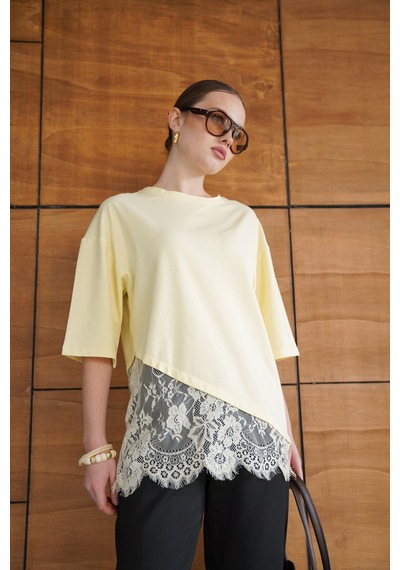 Verymoda Dantel Detaylı Asimetrik Tişört D2953 Sari