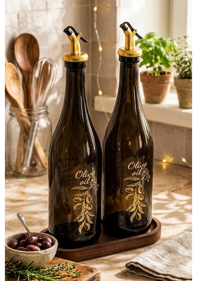 Snippy Poura - Ahşap Standlı 2'li Yağdanlık Zeytinyağı Sıvı Yağ Sirke Şişesi Yağdanlık Seti 750 ml