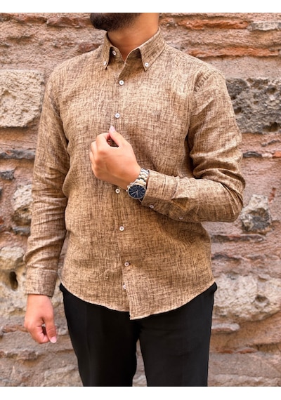 Slim Fit Uzun Kol Müslin Dijital Baskılı Hediye Kutulu Erkek Gömlek Fs-004599 - Kahverengi-3363