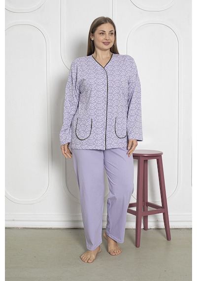 SEBOTEKS %100 Pamuklu Uzun Kollu Boydan Düğmeli Büyük Beden Kadın Pijama Takımı 206 Lila