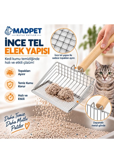 Metal Kedi Kumu Elek Kürek - Ahşap Saplı Paslanmaz Kedi Kumu Küreği - İnce Tel Elek Yapılı Hijyenik Kedi Tuvalet Temizleme Küreği - Dayanıklı Ve Pratik - 26 Cm