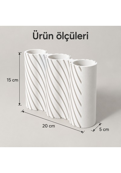 Çizgili Modern Tasarım Üç Bölmeli Dekoratif Vazo - Çiçeklik Beyaz