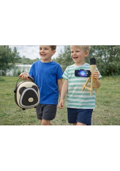 Çocuklara Özel Retro Tasarımlı Bluetooth Karaoke Mikrofon Ve Ahşap Tripodlu Koyu Kahverengi