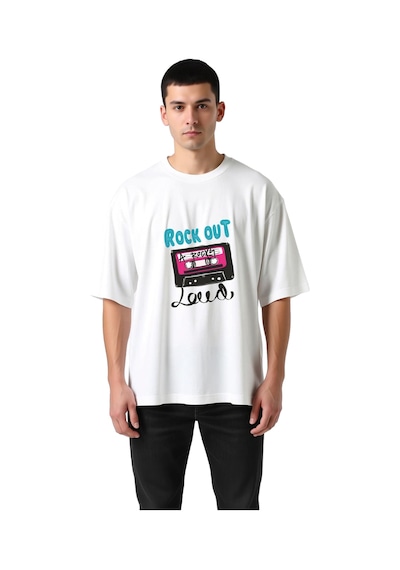 Paybuy Müzik Tutkunları İçin Rock Hayatı Baskılı Erkek Oversize Tişört Beyaz