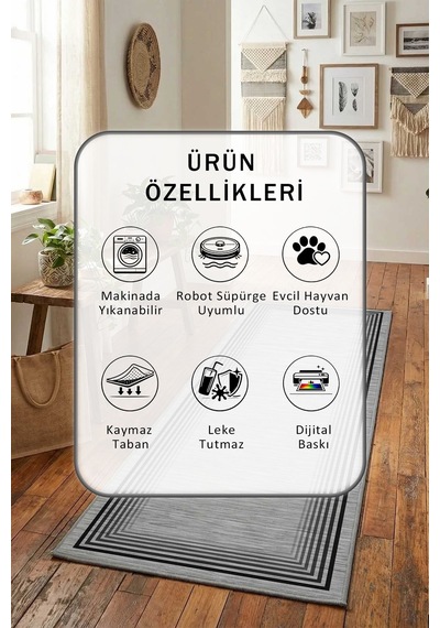 Gri Salon Mutfak Yatak Odası Dijital Baskı Yıkanabilir Yolluk