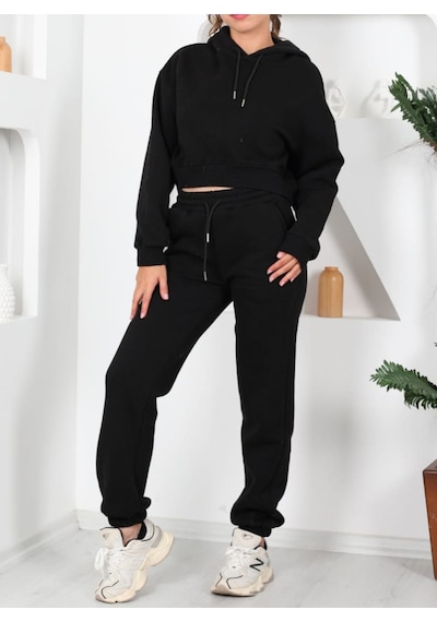 İs Bercete İs Berceste Beli Lastikli Kapüşonlu 3 İplik Siyah Kadın Sweat Alt Üst Takım Siyah İs Bercete İs Berceste Beli Lastikli Kapüşonlu 3 İplik Siyah Kadın Sweat Alt Üst Takım Siyah