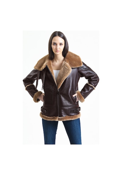 M M Marki Marki Kadın Kahverengi Vintage Deri Mont, Kahverengi Kürklü, Balıkçı Yaka, Oversize - 105222 Siyah Kahverengi