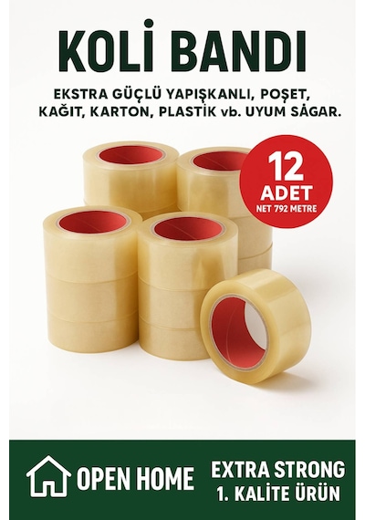 12 Adet-792 Metre Şeffaf Koli Bandı Extra Strong 40 Micron Kalınlık, Güçlü Yapışkan Diğer