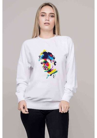 Roger Federer Colors Baskılı Beyaz Kadın Sweatshirt