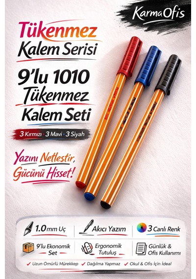 1010 Tükenmez Kalem Seti 1.0 Mm Mavi Kırmızı Siyah Uzun Ömürlü Ofis & Okul Kalemi 9 Lu Set Beyaz
